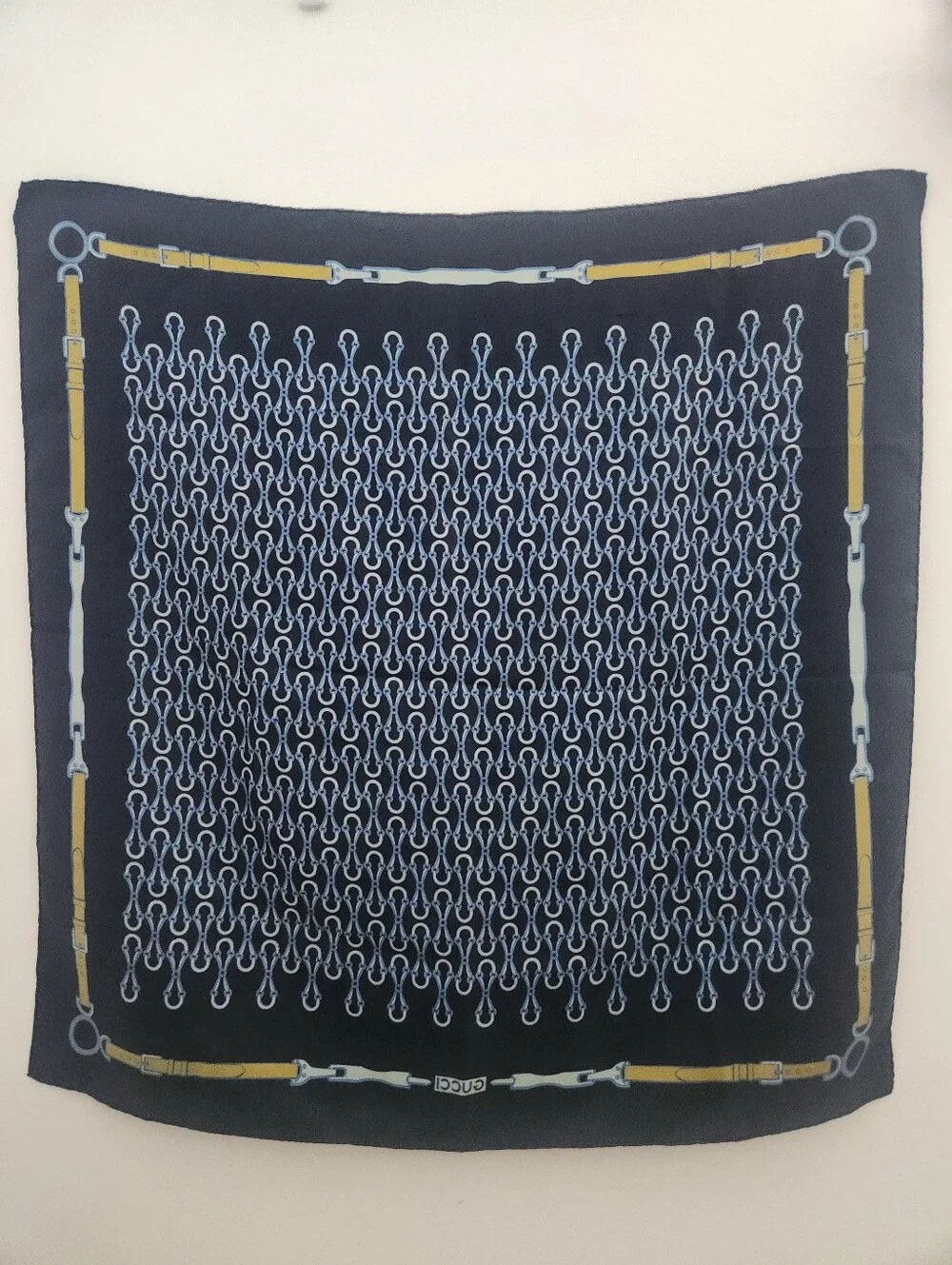 Gucci Vintage Scarf Horsebit Equestrian Motifh Silk Blue Multicolor No Tag